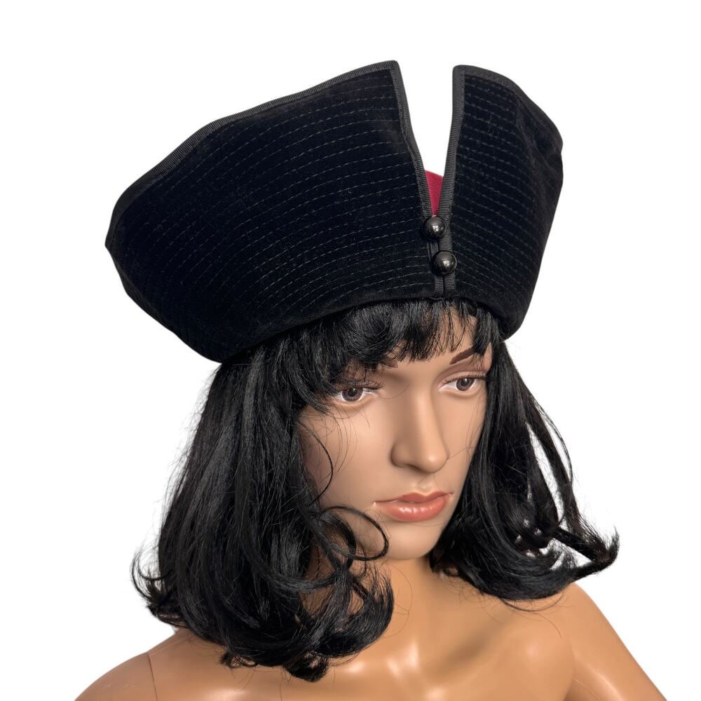 1950s Jaeger London Black Velvet Tilt Cocktail Hat Burgundy 21” Made UK